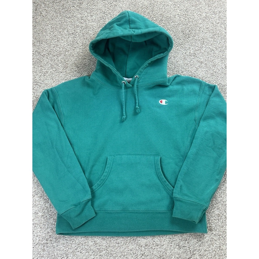 Champion Logo Reverse Weave Pullover Hoodie Women's Size Small Teal Green Y2K